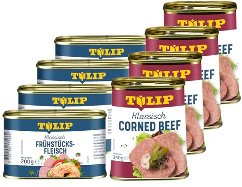 TULIP 4x Klassisches Corned Beef 340g + 4x Schweine-Frühstücksfleisch 200g | leckeres Rinder und Schweinefleisch | 98% Rindfleisch und 86% Schweinefleisch