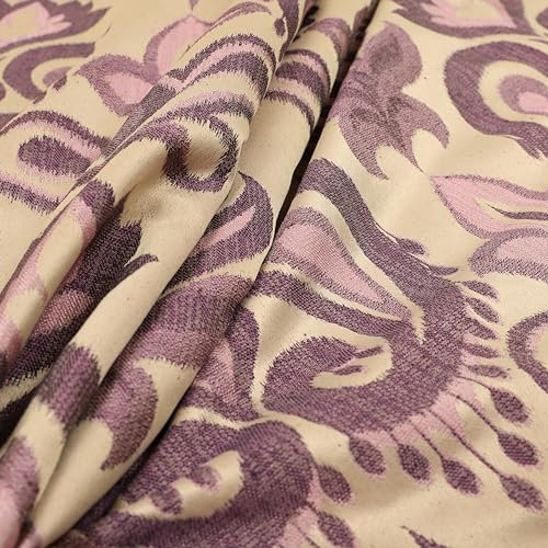 Tessuto per tappezzeria, tenda, arredamento, motivo damascato floreale ignifugo di grandi dimensioni, color crema viola (al metro)