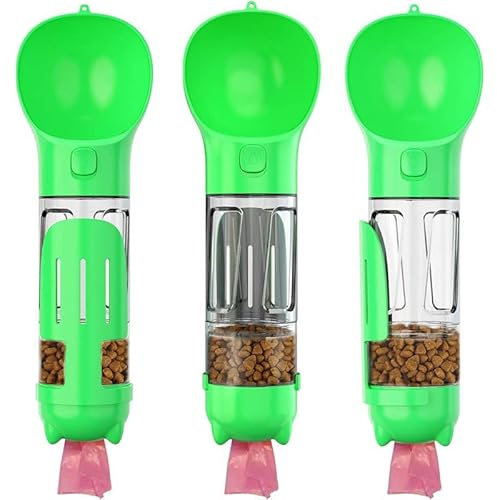 Botella de Perro Pórtatil con Deposito de Agua y Comida - Bebedero Multifuncional para Mascotas de Color Verde de 300ml - A Prueba de Fugas