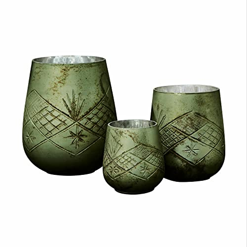 Loberon Windlicht 3er Set Vitas, mundgeblasen, von Hand geschliffen, traditionelle Bauernsilber-Technik, Indoor wie Outdoor, Kerzenhalter, Glas, antikgrün