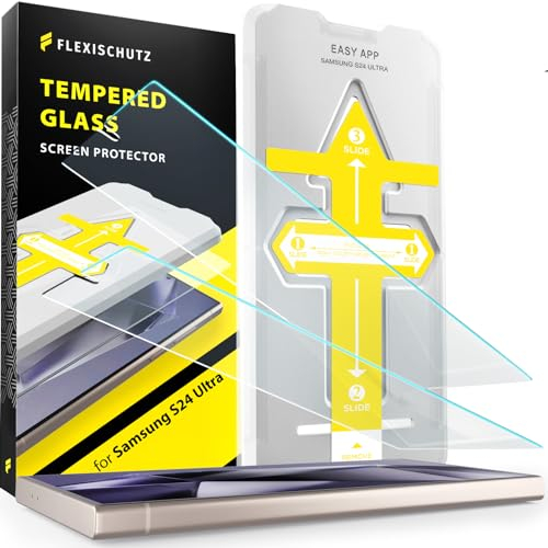 FlexiSchutz® Schutzglas für Samsung Galaxy S24 Ultra Schutzfolie, Screen Protector, Glas Displayschutzfolie mit Praktischer Installationshilfe, Displayschutz, Glas Folie mit Schablone [2 Stück]