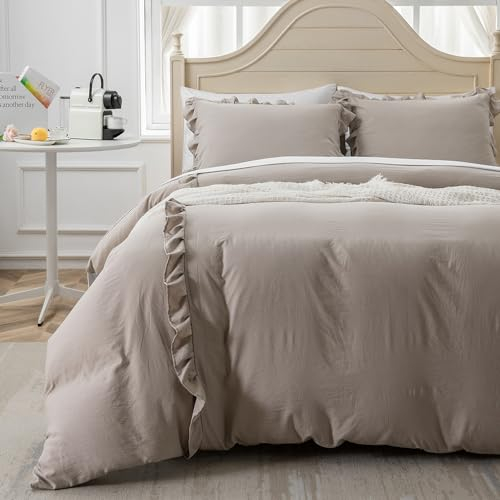 Menkala Bettwäsche Romantisch Rüschen 155x220 Taupe Uni Einfarbig Rüschenbettwäsche Sets 2 Teilig Gewaschene Mikrofaser Bettbezug Weiche Aesthetic mit 1 Kissenbezüge 80x80 cm und Reißverschluss