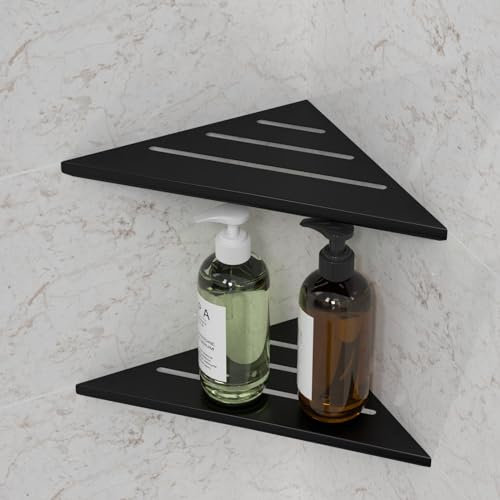 Womamny Eckregal Schwarz, Duschablage Ohne Bohren, 2 Stück Duschablage Ecke 35 X 25 cm, Verdickter Duschregal Schwarz aus Edelstahl, Wandregal Aufbewahrung Badezimmer Eckablage für Bad Küche
