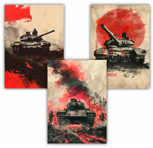 Samunshi® 3x Vintage Poster Panzer Artillerie Militär Army Tank Kunstdruck Set mit Vintage Illustrationen Bilder für Jugendzimmer Deko Plakat Geschenk DIN A3 29,7x42cm