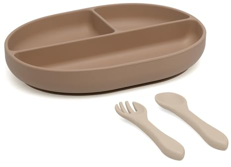 Kiokids Set De Cubiertos Y Bandeja Blw En Silicona Con Divisiones Y Ventosa Beige