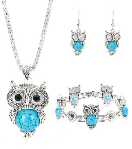 LHJHZDJC Halskette Damen Mode Vintage Eule Schmuck Set Anhänger Halskette Armband Ohrringe Zubehör für Frauen Geschenk