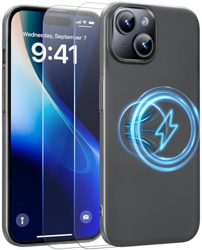 Natiiozie Ultra Dünn Magnetische Handyhülle Kompatibel mit iPhone 15 Hülle Kompatibel mit MagSafe mit 2 Stück Schutzfolie, PC Slim Leicht Kratzfeste Stoßfest Schutzhülle Case - Grau