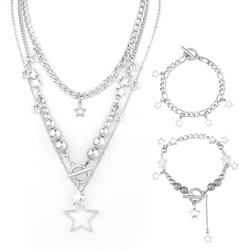 Mikovivi Y2k Stern Halskette mit 2stk Armbändern, Silberne Y2k-Grunge-Halskette mit Stern Ästhetischer Emo Vintage Schmuck Süße Halskette mit Armband Y2k-Grunge-Accessoires für Frauen und Mädchen