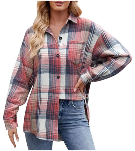 Keepink Chemise à carreaux en flanelle pour femme - Manches longues - Coupe classique - Style décontracté - Boutonnée - Cardigan surdimensionné - Grande taille 36/46, 5 * Rose, 46