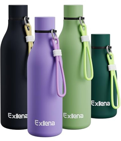 Exllena Metal Water Bottle 500ml with Silicone Strap, Double Wall Vacuum Insulated Water Bottles Keeps Drinks Cold 24 Hrs/Hot 12 Hrs, Stainless Steel Water Bottle BPA Free(Purple)