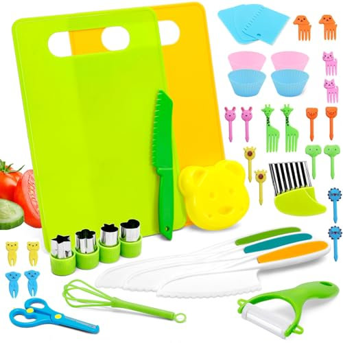 Anpole Wooden Kids Kitchen Knives Set - 43 Pcs Toddler Safe Cooking Toy with Plastic Knives, Crinkle Cutter & Cutting Board, Learning Toys for Ages 3+