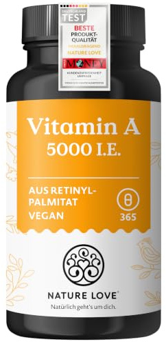 NATURE LOVE® Vegane Vitamin A - 365 Tabletten mit 5.000 IE - für Sehkraft, Haut & Immunsystem - hochdosiert, ohne unnötige Zusätze - in Deutschland produziert & laborgeprüft