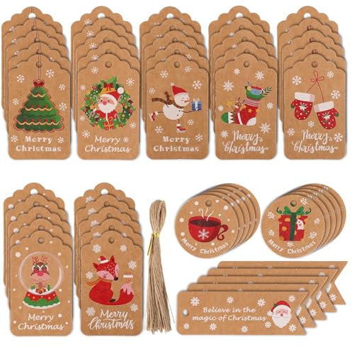 50pcs Vintage Étiquettes de Cadeau de Noël avec Ficelle, Formes Assorties Étiquettes Nom Papier Kraft pour Emballage de Cadeaux Artisanat Vacances Décoration d'Intérieur