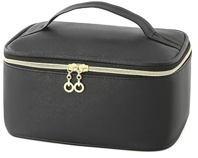 Make up Tasche Portable, PU-Leder Wasserdicht Kosmetiktasche mit Fächern, Kosmetiktasche großen Kapazität mit Reißverschluss und Griff, Geeignet als Geschenk für Mädchen und Mütter (Schwarz)