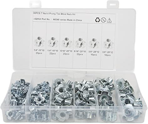 Écrous en T à 4 Dents en Acier au Carbone, 110 Pièces, 1/4 Po, 5/16 Po, 3/8 Po, Insert Fileté pour Prises D'escalade, Bois et Armoires