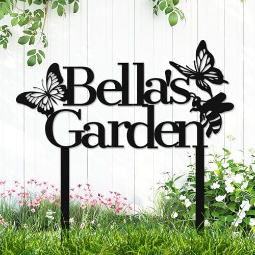 Custom Bee Butterfly Metal Garden Sign with Stakes Personalized Butterflies Garden Stake Yard Sign, Customized Honeybee Butterfly Outdoor Decorative Name Sign Gardening Decor