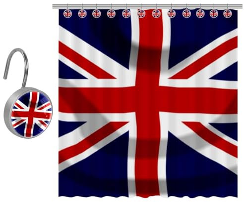 Eslifey Long rideau de douche de 91,4 x 182,9 cm avec 9 crochets de rideau de douche, motif Union Jack britannique