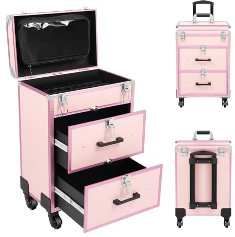 Kosmetikkoffer Trolley, Schminkkoffer mit 360° Drehbaren Rollen und 3 Schubladen, Nagelkoffer Makeup Koffer für Nageldesign Reise Kosmetikerin Friseurerin, bis 110.23 lbs, Rosa