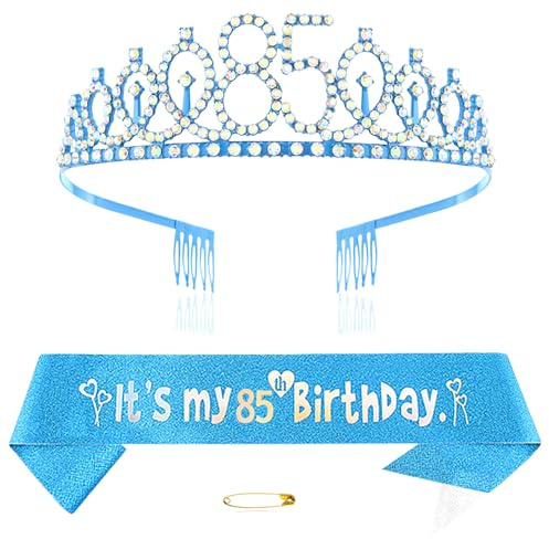 Blau 85th Geburtstags Krone und Schärpe Mädchen 85. Geburtstag Deko Strass Geburtstag Tiara Prinzessin Krone Queen Tiara Geburtstagsschärpe Girls 85 Geburtstag Dekoration Party Kleidung Zubehör