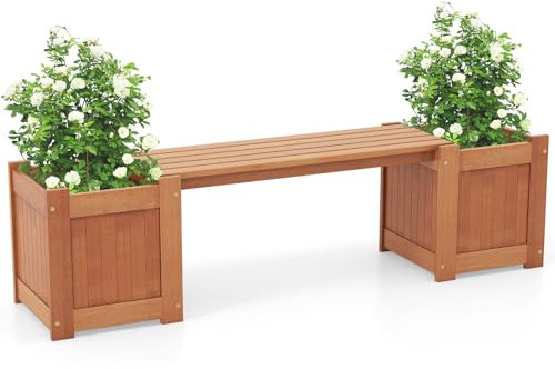 TANGZON Wood Planter Box with Bench, Raised Garden Bed with Seat, Teak Oil Finish & Open-ended Base, Outdoor Flower Kit Patio Decor for Garden Yard Balcony (2 Planters)