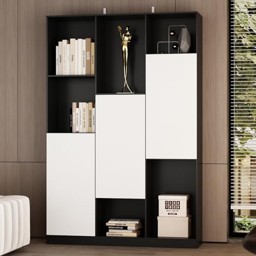 PREMTURE Kleiderschrank, Vitrinenschrank, Bücherschrank mit 3 Türen 6 Fächern, Hochschrank, Schrank für Wohnzimmer Küche Esszimmer Büro, Weiß+Schwarz, 120 x 30 x 180 cm, MDF