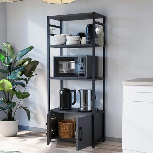 [en.casa] Étagère de Cuisine Autoportante à 4 Niveaux Meuble de Rangement sur Pied Armoire avec 5 Crochets Stockage pour Four à Micro-Ondes Métal Panneau de Particules 139 x 56 x 30 cm Noir Anthracite