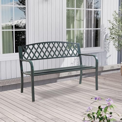 casa.pro Gartenbank Opsasar Dunkelgrau mit grüner Patina für 2-3 Personen Stahl 127 x 54 x 88 cm Gartenmöbel Sitzbank mit Rückenlehne witterungsbeständige Bank für Außenbereich