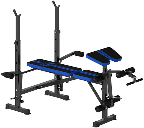 HOMCOM Adjustable Weight Bench with Leg Extension, Barbell Rack, Preacher Curl Pad, Butterfly, Multi-Function Home Gym Bench for Strength Training, Blue