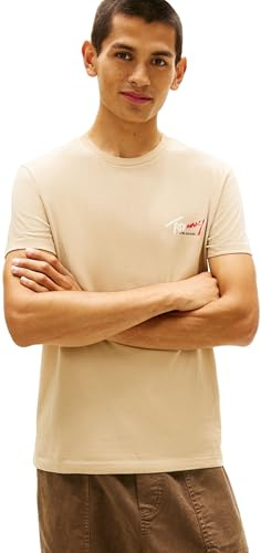 Tommy Jeans Herren T-Shirt Kurzarm Slim Sign Chest mit Logo, Beige (Gentle Gold), XXXL