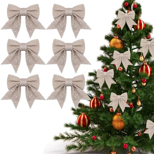 QEEROYO 6 Stück Weihnachtsschleifen, Champagnergold Schleifen Weihnachten, Glitzer Schleifen Weihnachtsbaumschmuck, für Zuhause Hochzeit Weihnachtsfeier Deko, Champagnergold