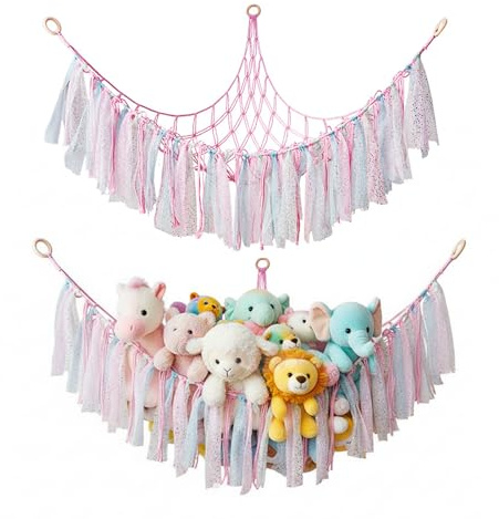 Kuscheltier Netz,Plüschtier Aufbewahrung,Boho Makramee Spielzeug Netz für Kuscheltiere,Hängematte mit Quaste,Große Hängematte für Stofftiere, Schlafzimmer Kinderzimmer Deko Mädchen