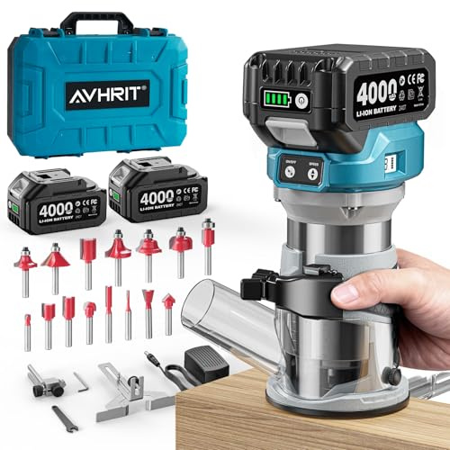 Avhrit Cordless Wood Router 21V: Electric Palm Router Tool, 2PCS 4000mAH, 6-Speed (0-3300RPM) Brushless Motor, Aluminum Base, LED Display, Dust Extraction and 15pcs Bits Set
