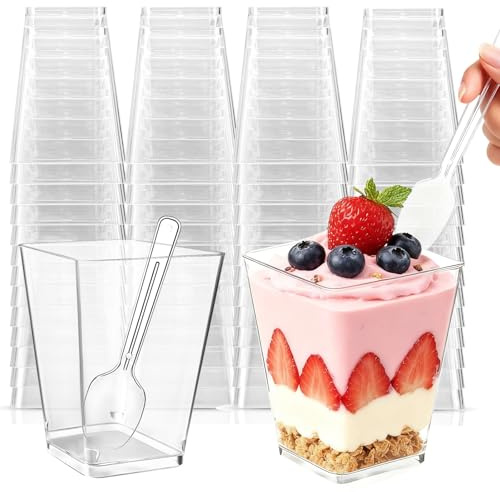 Hsxfl 50 Stück Dessertgläser Plastik, 150ML dessertbecher plastik mit Löffeln Klare Dessertschalen Wiederverwendbar Quadratischer Desserttassen Trapezoid Becher für Desserts Pudding Familiendesserts