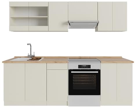 Vicco Küchenzeile R-Line, Beige, 240 cm | AP Eiche, mit variabel positionierbaren Modulen und höhenverstellbaren Füßen