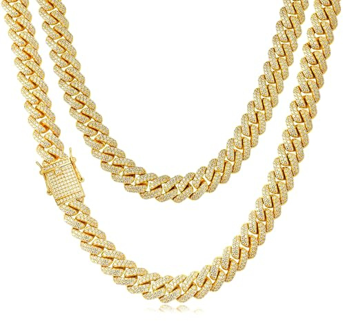 Esrael 14MM Iced Out Kette Silber/Goldkette Herren 80er Jahre Outfit Accessoires Cuban Chain für Männer Hiphop kette Herren Schmuck für Karneval 20-28Zoll