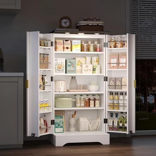 VIVCA Armario de cocina con sensor LED y estante para especias, amplio armario de doble puerta con estantes ajustables y diseño moderno de puerta, color blanco, 120 x 60,5 x 40 cm