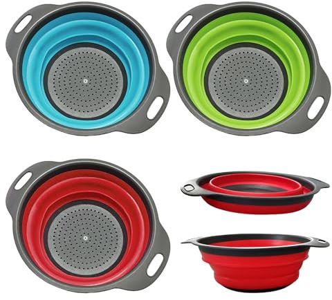 Faltbares Silikon Sieb Set für die Küche, 3 Stück, 28,5×10,5cm | Platzsparende Faltbares Sieb, Abtropfsieb für Camping Salate Gemüse