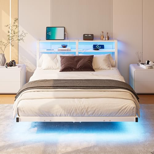 HAHRIR 120x200cm Metall-Schwebebett mit LED-Leuchten, USB-Ladestation & Doppelablage-Kopfteil, Schwerlast-Stahlrahmen, geräuschfrei, Weiß