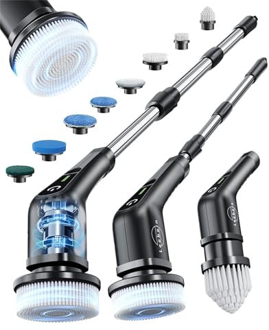 Leebein Electric Spin Scrubber, Cordless Cleaning Brush with 8 Replaceable Brush Heads, Extendable Long Handle Bathroom Cleaning Scrubber, 300/400RPM Spin Scrubber for Bathroom Floor Tile (Black)