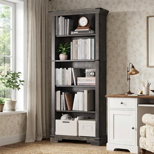 EOSVALO Bücherregal 5 Ebenen, Modernes Standregal Schwarz, 56x25x155cm | Landhausstil Regal für Wohnzimmer & Schlafzimme, Viel Stauraum für Bücher & Deko, Stabil und Pflegeleicht