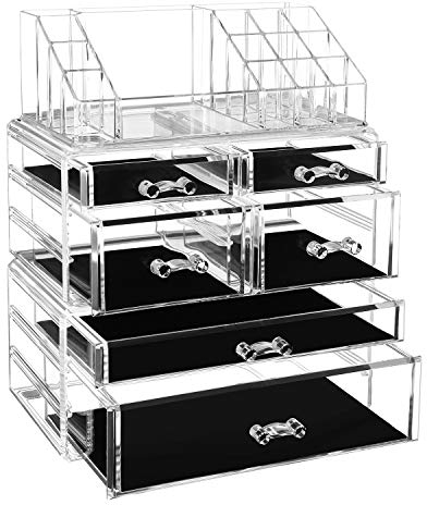 SONGMICS Organizzatore per Cosmetici, Porta Trucchi con 6 Cassetti e 16 Scomparti di Diverse Dimensioni, Trasparente JKA008TP