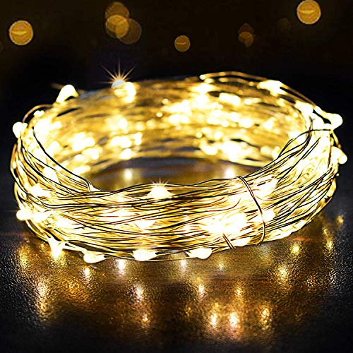 SALCAR Guirlande Lumineuse Noël à 10M 100 LED et à piles en fil de cuivre pour éclairage intérieur et extérieur, chambre, décoration de mariage, fête, décoration d'arbre (Blanc chaud)