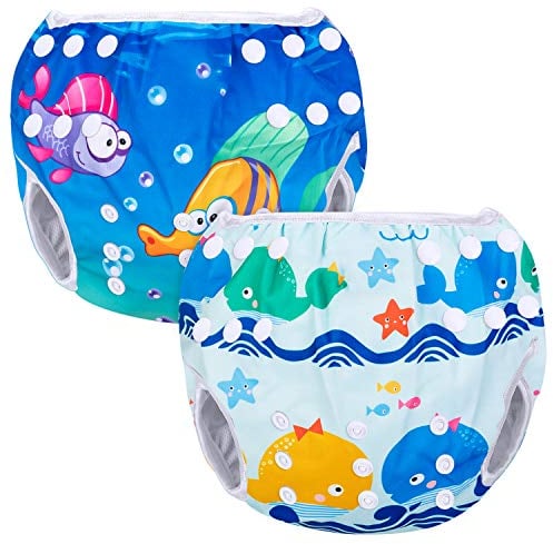 Luxja Schwimmwindel wiederverwendbar (2 Stück), Baby Schwimmhose Verstellbarer, Waschbar Schwimmwindel für Baby (0-3 Jahre), Wale + Fische