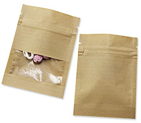 PABCK 100 Pack 2.7x3.5 inch Clear Window Brown Kraft Paper Bag Resealable | (Inner Size 2.36x2.36 inch) Seeds Packets Food Storage Bags Zipper Lock Envelopes Heat Seal Pouch for Coffee Powder Spices