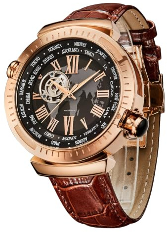 SURVAN Armbanduhr Designer automatische schweizerische Armbanduhr für Männer Weltzeit 18k Gelbes Gold Saphir-Kristalle Mechanische Skelettuhr Echtes Leder Armband