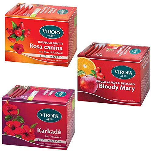 Viropa - Pacchetto REGINA DI CUORI - Assortimento di 3 confezioni di infusi 15 filtri ciascuna: Bloody Mary, Rosa Canina, Karkade' + in OMAGGIO Tisana bio Tisaniamo