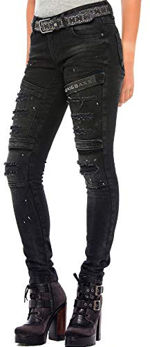 Cipo & Baxx Damen Jeans WD383 Schwarz - Slim Fit Skinny Jeans Hose - Röhrenjeans im coolen Biker-Look, Atemberaubender Casual Look, Angenehmes Gefühl - WD383 Schwarz W27-L34