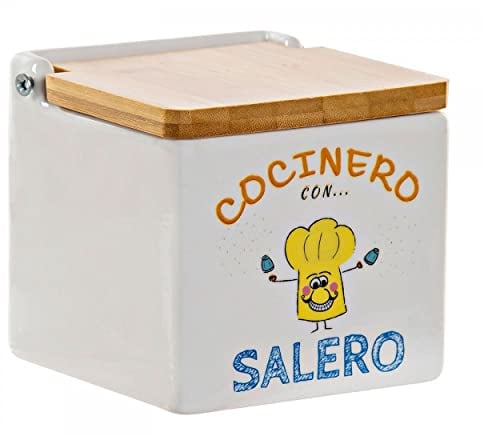 Hogar y Mas Salero de Cocina con Tapa de Madera de Bambú, realizado en Cerámica Dolomite 11x11x11 cm