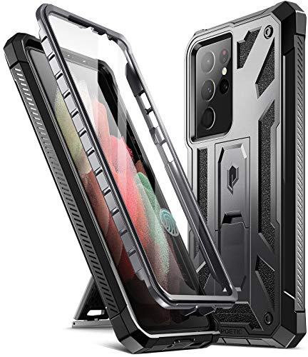 Poetic Spartan Hülle für Samsung Galaxy S21 Ultra 5G 6,8 Zoll, Eingebauter Displayschutzfolie Arbeit mit Fingerabdruck-ID, Robuste, stoßfeste Ganzkörper-Schutzhülle mit Ständer, Metallic Gun Metal
