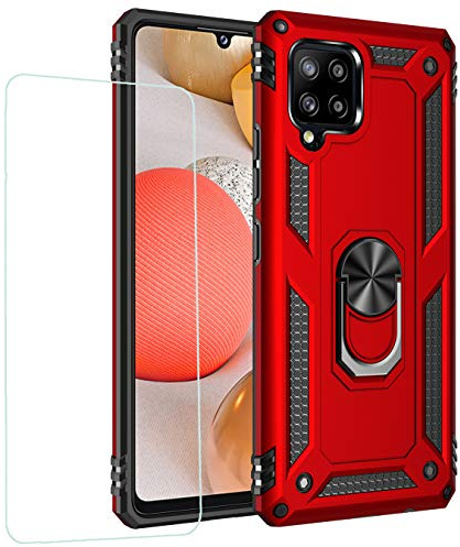 Joytag kompatibel für Samsung A42 5G Hülle，handyHülle+ panzerglasfolie Silikon TPU 360 Grad Drehring aus Halter magnetisch Autotelefon case-Rote